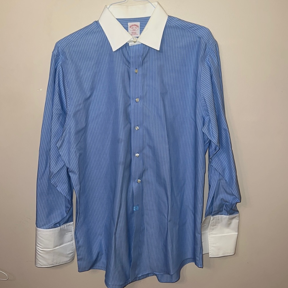 Brooks Brothers mens dress shirt, Blue with white thin stripes.
